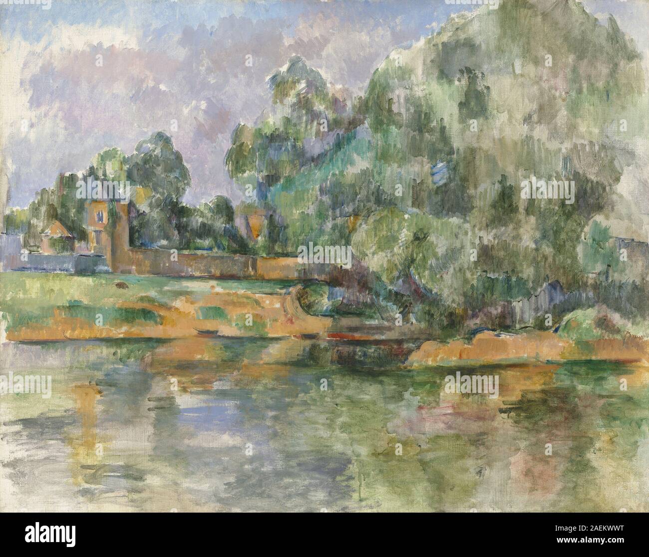 Tableau de Paul Cézanne, 1885-1890, représentant les rives de la Seine à Médan avec des figures, des arbres et un paysage fluvial, montrant la perspective, la composition, et couleur. Banque D'Images