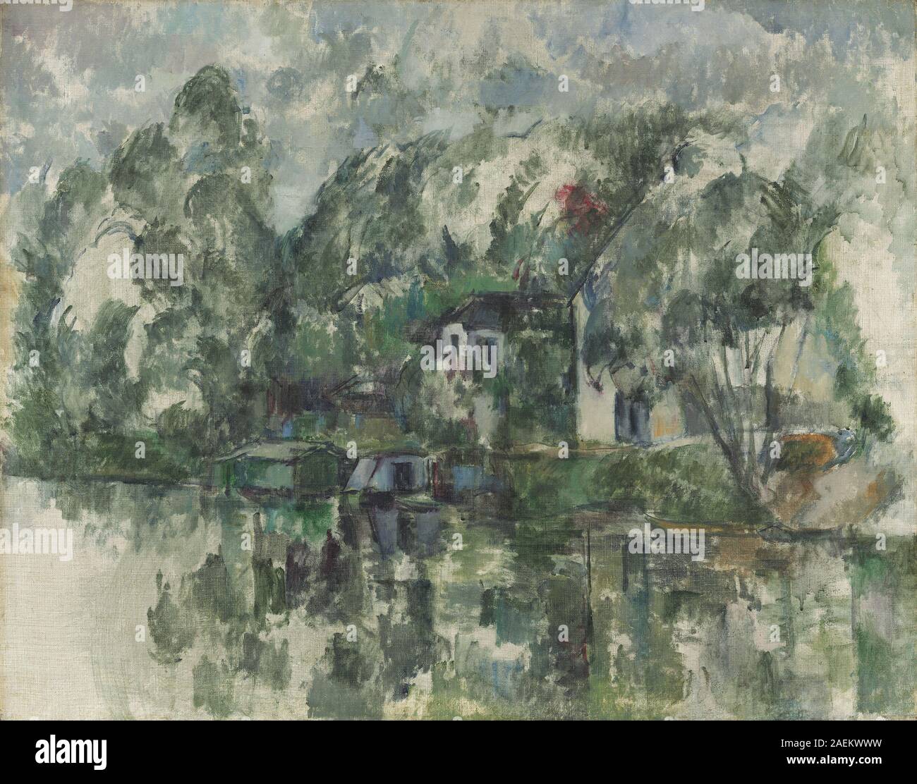 Peinture de Paul Cézanne vers 1890 montrant des figures et des paysages au bord de l'eau, mettant l'accent sur la composition, la couleur et l'approche moderniste. Banque D'Images