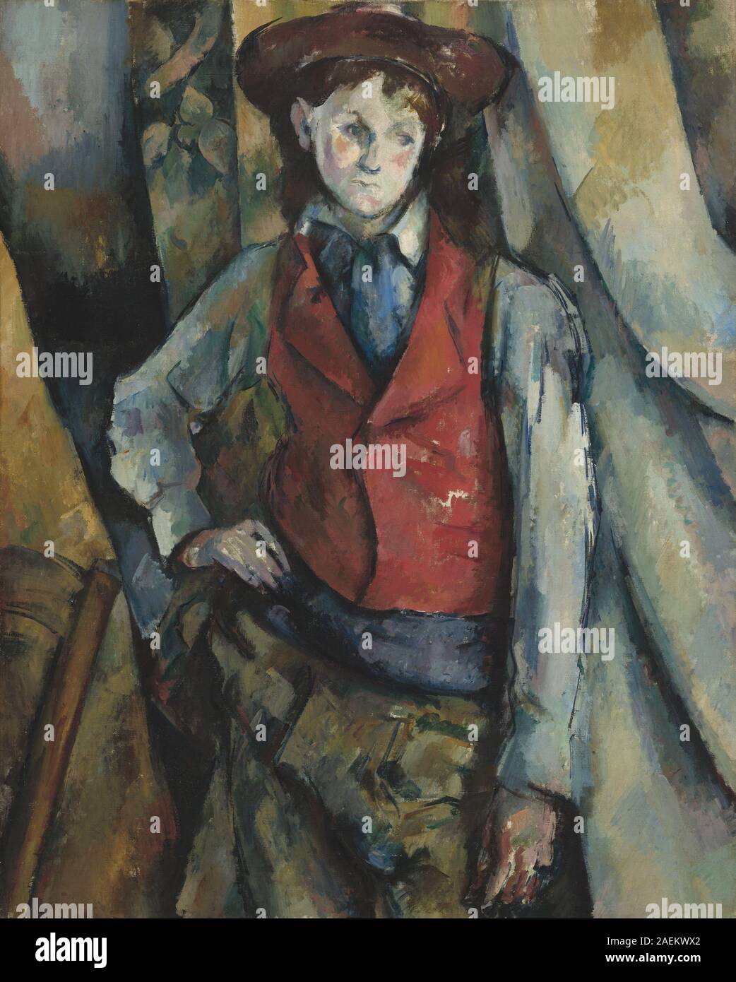 Peinture de Paul Cézanne 1888-1890 montrant un garçon portant un gilet rouge, mettant l'accent sur la posture, l'expression, la tenue vestimentaire et la technique de la peinture. Banque D'Images