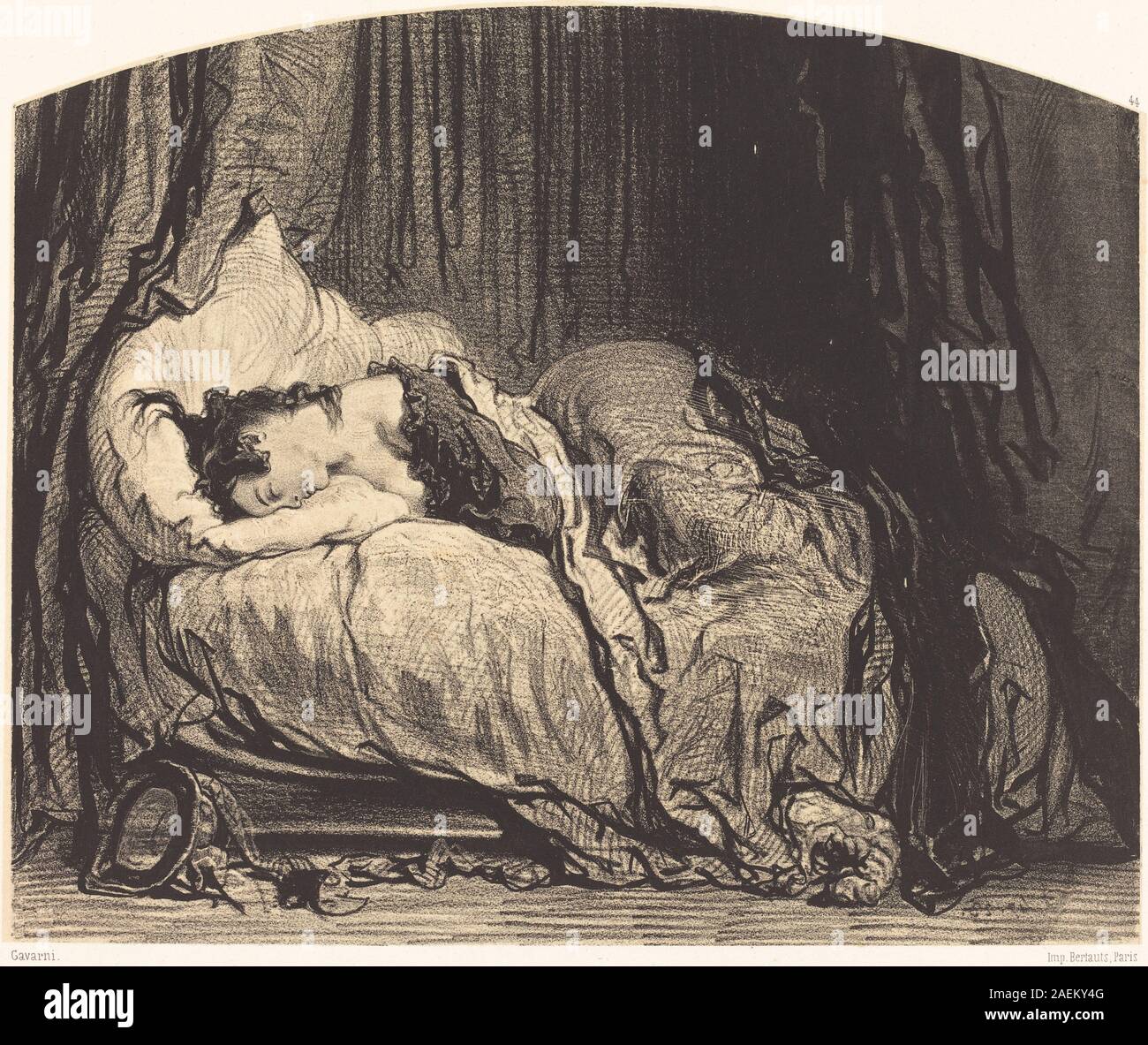 After the pardon, 1847-1856 de Paul Gavarni, dépeint une scène sociale avec une femme dansante, des gestes, des expressions et des interactions entre les figures, mettant l'accent sur la narration, les vêtements et la culture parisienne du XIXe siècle. Banque D'Images