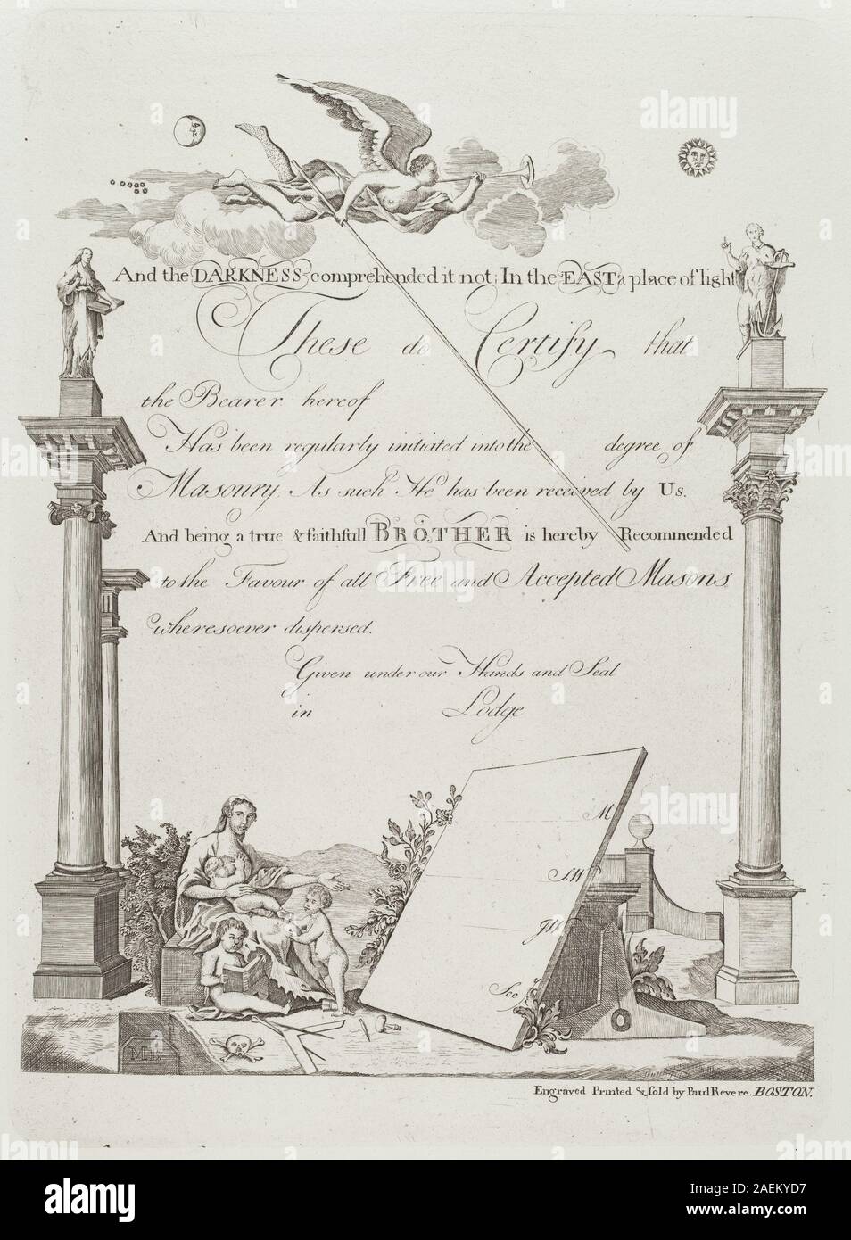 Certificat maçonnique de Paul Revere de 1796, imprimé en 1954, montrant des éléments symboliques, bordure décorative, inscriptions textuelles, emblèmes, et artisanat dans le contexte historique américain. Banque D'Images