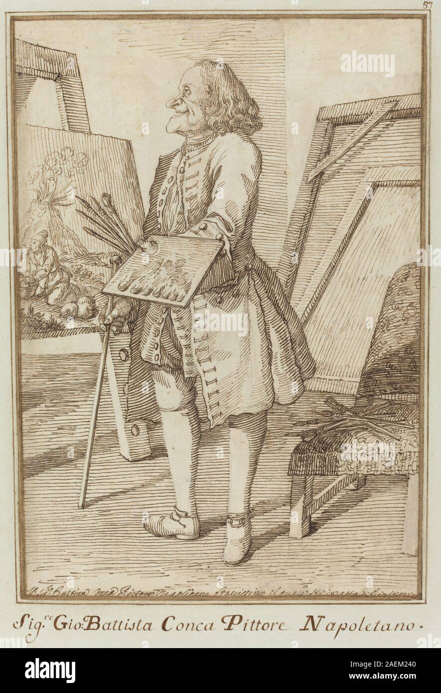 Portrait dessiné par Pier Leone Ghezzi, 1734-1755, montrant le peintre Sebastiano Conca, les traits du visage, la tenue vestimentaire, la pose artistique et le style du XVIIIe siècle. Banque D'Images