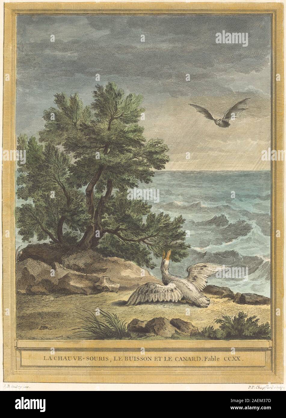 Gravure de Pierre-Philippe Choffard d'après Jean-Baptiste Oudry, 1759, représentant une chauve-souris, un buisson et un canard dans une composition naturaliste. Travail au trait détaillé, estampe française du XVIIIe siècle, mettant l'accent sur la flore et la faune, illustration d'histoire naturelle. Banque D'Images