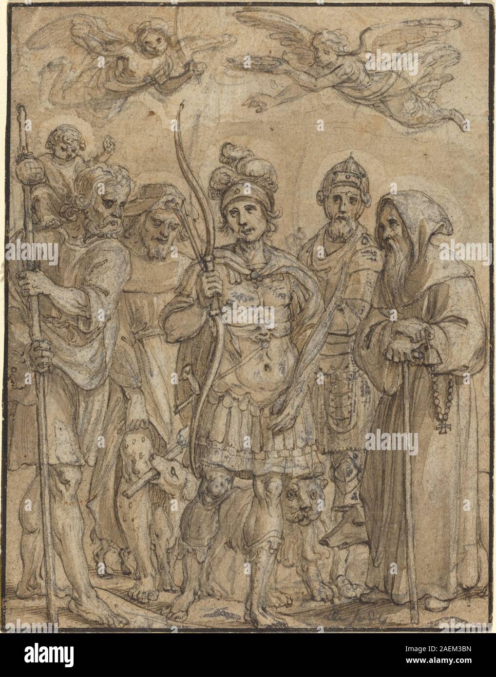 Gravure de Pieter de Jode I représentant cinq saints. L'œuvre montre des figures de saint individuelles, des halos, des vêtements et une iconographie religieuse, reflétant les traditions flamandes de gravure du XVIIe siècle. Banque D'Images