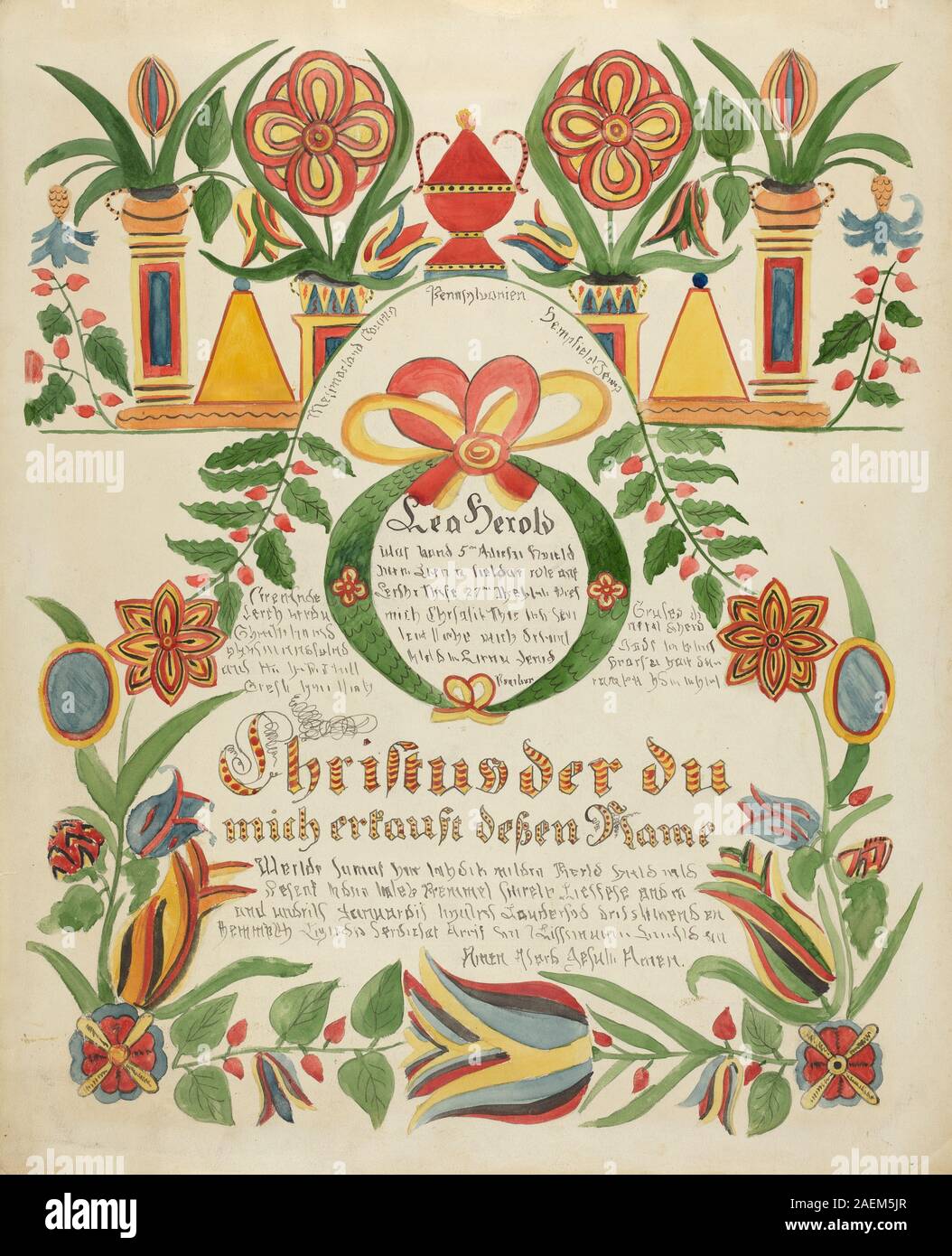 Un certificat de baptême réalisé vers 1936 par Ralph Atkinson, avec texte manuscrit, dessin calligraphique, bordures décoratives, iconographie religieuse, et présentation formelle pour enregistrer les détails du baptême. Banque D'Images