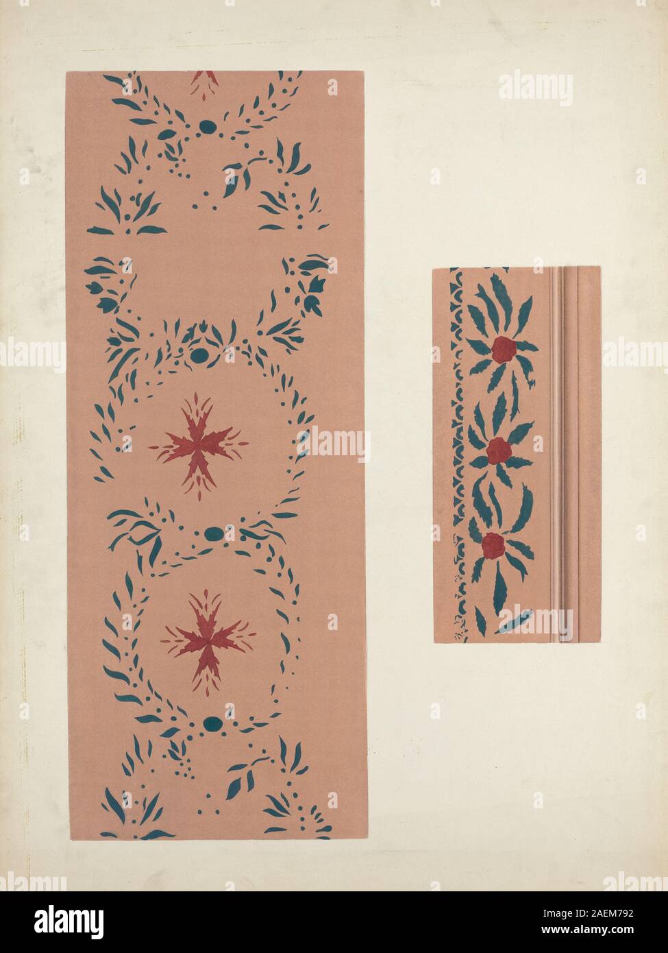 Pochoir mural de Ray Holden et Edward DiGennero, 1935-1942, montrant des motifs répétés, application de peinture, texture de surface, et décoration intérieure du milieu du xxe siècle. Banque D'Images