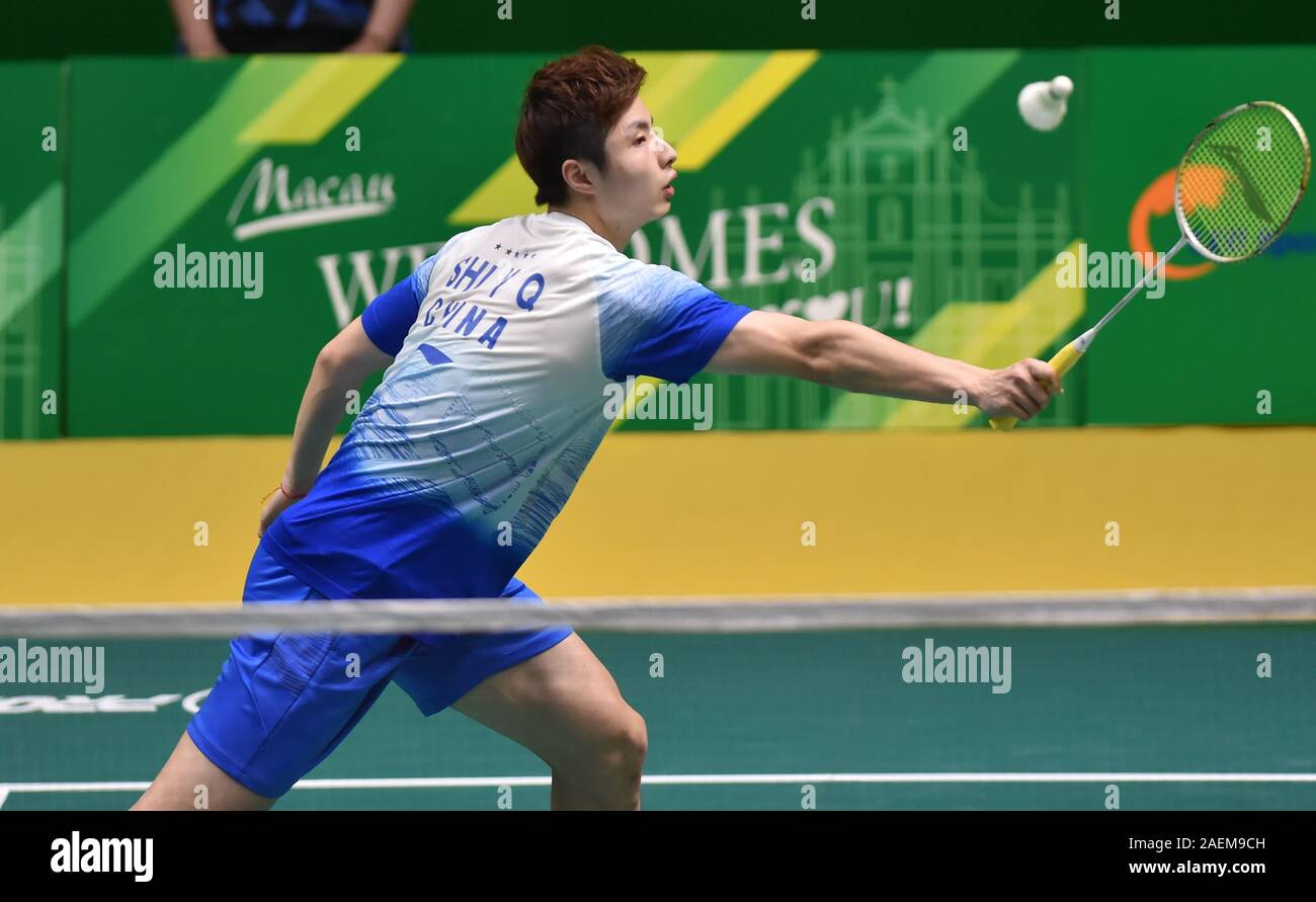 Yuqi Shi de la concurrence de la Chine contre l'Sitthikom Thammasin de Thaïlande à la finale du simple hommes des Championnats canadiens de badminton 2019 Ouvert Macau, Macao en S Banque D'Images