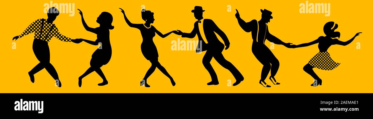 Bannière battante avec trois couples de danseurs silhouettes sur fond jaune. Les gens en 1940 ou 1950. Vector illustration. Illustration de Vecteur