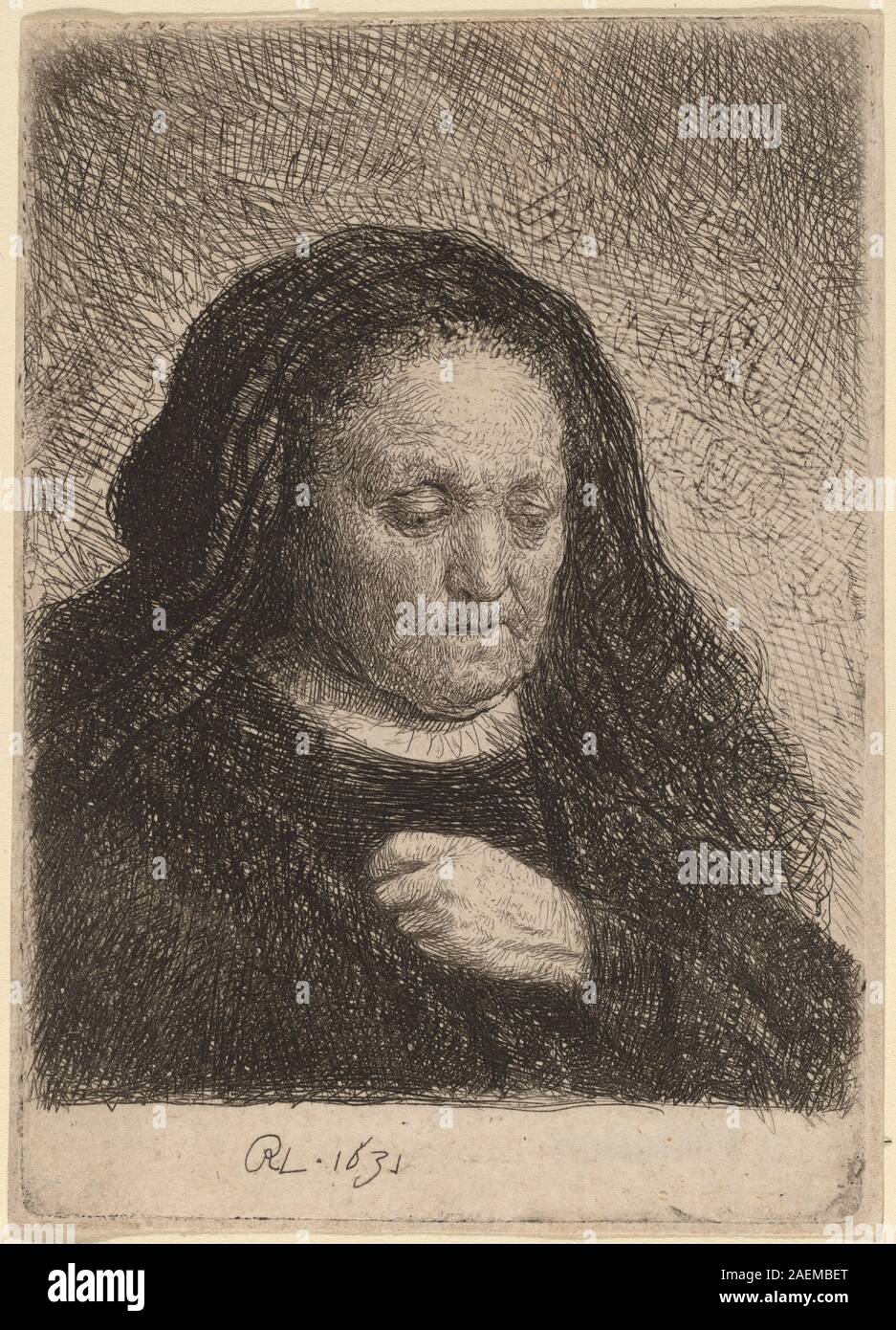 Un portrait de 1631 par Rembrandt représentant la mère de l'artiste avec sa main sur sa poitrine, montrant l'expression du visage, des vêtements détaillés, une posture et une composition de portrait baroque. Banque D'Images