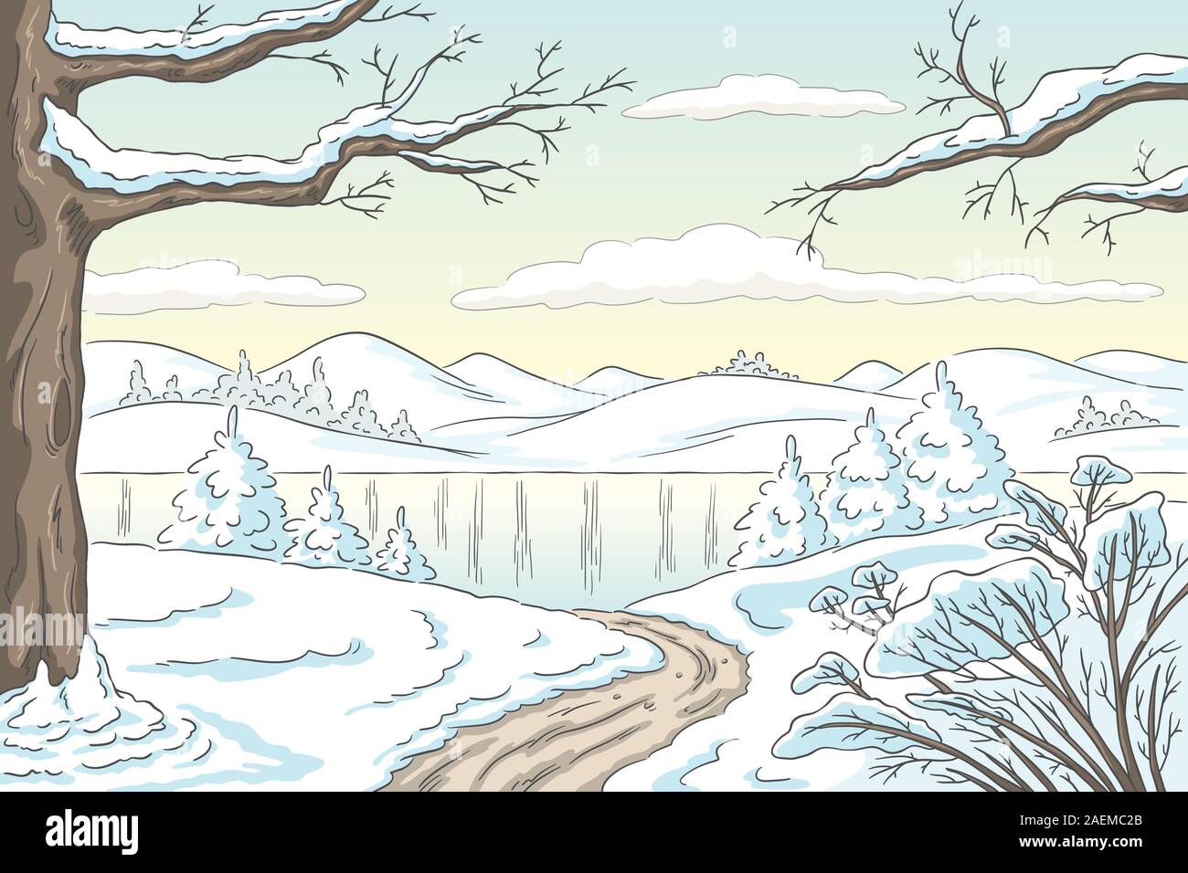 Cartoon paysage d'hiver. Hand drawn vector illustration avec des calques distincts. Illustration de Vecteur
