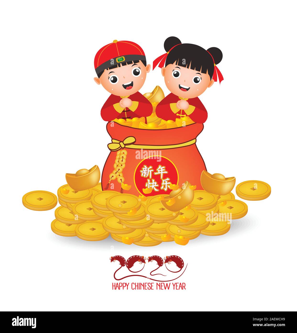Bonne année 2020. Le Nouvel An chinois, l'or pièce de monnaie et kid sourire heureux. L'année du rat. Bonne Année TranslationTranslation Illustration de Vecteur