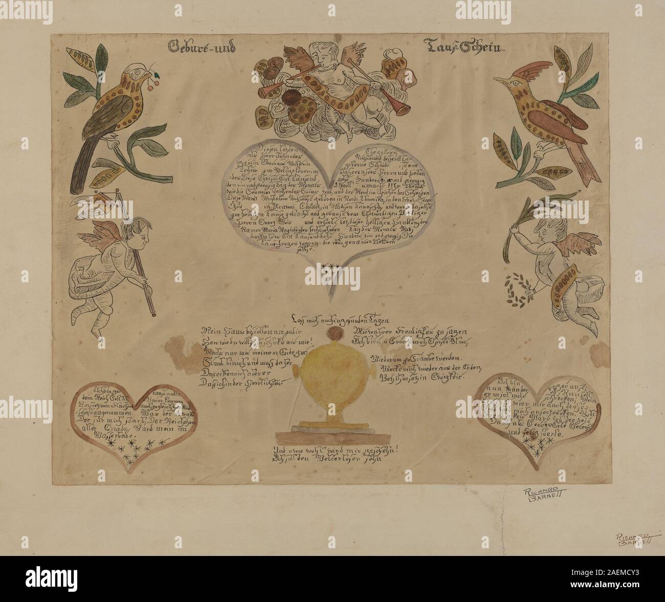 Un fraktur de Richard Barnett datant de 1935-1942, manuscrit décoré présentant un texte calligraphique, des bordures ornées, des motifs floraux et des pigments brillants utilisés pour la décoration de documents ou de certificats. Banque D'Images