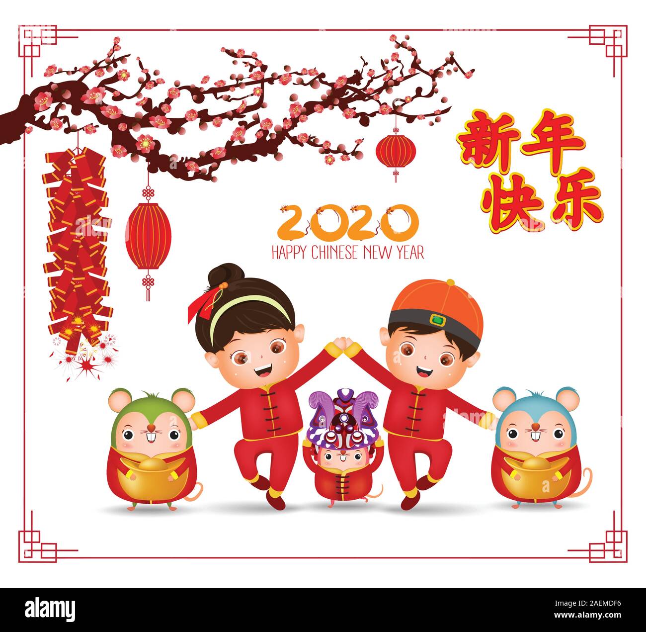 Nouvel an chinois 2020 - année du rat design de bannières. Cute cartoon kids & chinois avec lanterne rat & prunier arbres avec l'arrière-plan de la campagne de printemps Illustration de Vecteur
