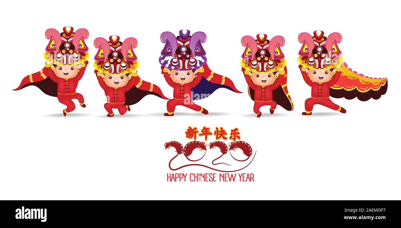 Danse du Lion Chinois Nouvel An 2020 avec les enfants. L'année du rat. Vector illustration isolé sur un fond blanc. Nouvel an chinois traduction Illustration de Vecteur