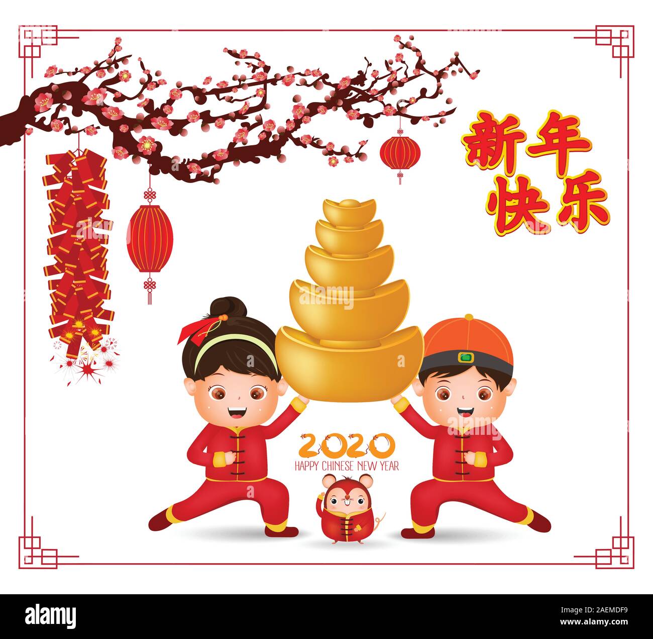 Nouvel an chinois 2020 - année du rat design de bannières. Cute cartoon kids & chinois avec lanterne rat & prunier arbres avec l'arrière-plan de la campagne de printemps Illustration de Vecteur