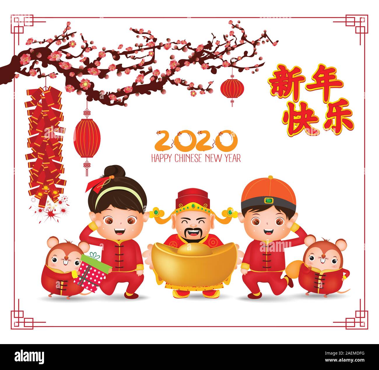 Nouvel an chinois 2020 - année du rat design de bannières. Cute cartoon kids & chinois avec lanterne rat & prunier arbres avec l'arrière-plan de la campagne de printemps Illustration de Vecteur