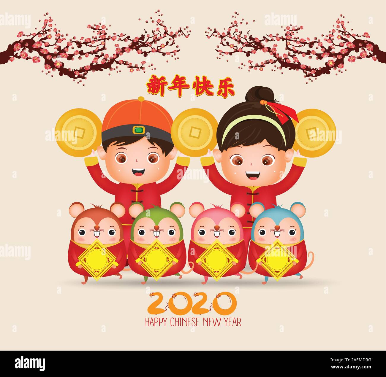 Joyeux Nouvel An chinois 2020 année du rat , Mignon , Rat , happy boy and Girl standing , Cartoon Style. Bonne année de traduction Illustration de Vecteur