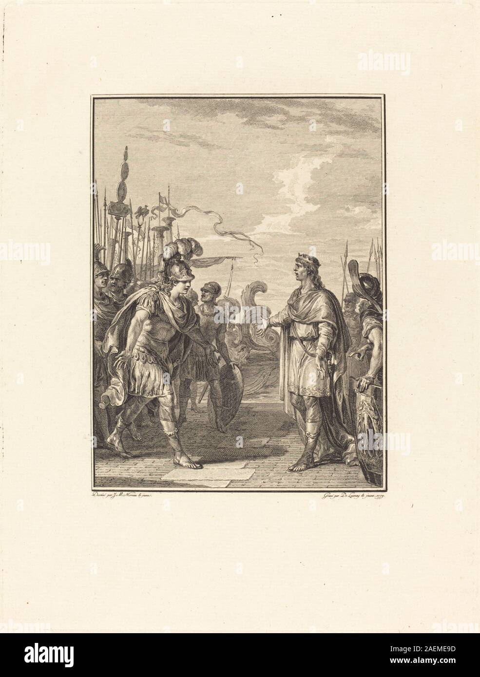 Cette gravure de 1779 de Robert Delaunay d'après Jean-Michel Moreau représente Iphis, montrant figure, draperie, posture et style d'illustration néoclassique du XVIIIe siècle. Banque D'Images