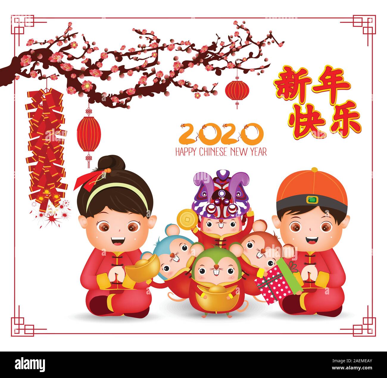 Nouvel an chinois 2020 - année du rat design de bannières. Cute cartoon kids & chinois avec lanterne rat & prunier arbres avec l'arrière-plan de la campagne de printemps Illustration de Vecteur
