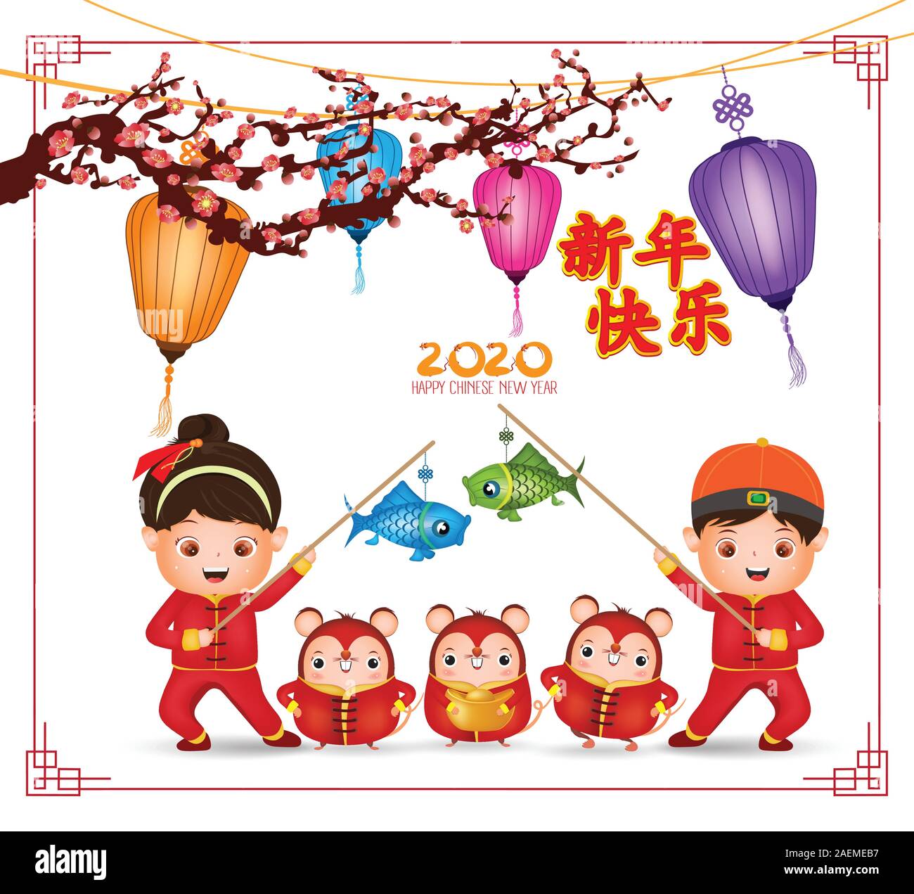 Nouvel an chinois 2020 - année du rat design de bannières. Cute cartoon kids & chinois avec lanterne rat & prunier arbres avec l'arrière-plan de la campagne de printemps Illustration de Vecteur