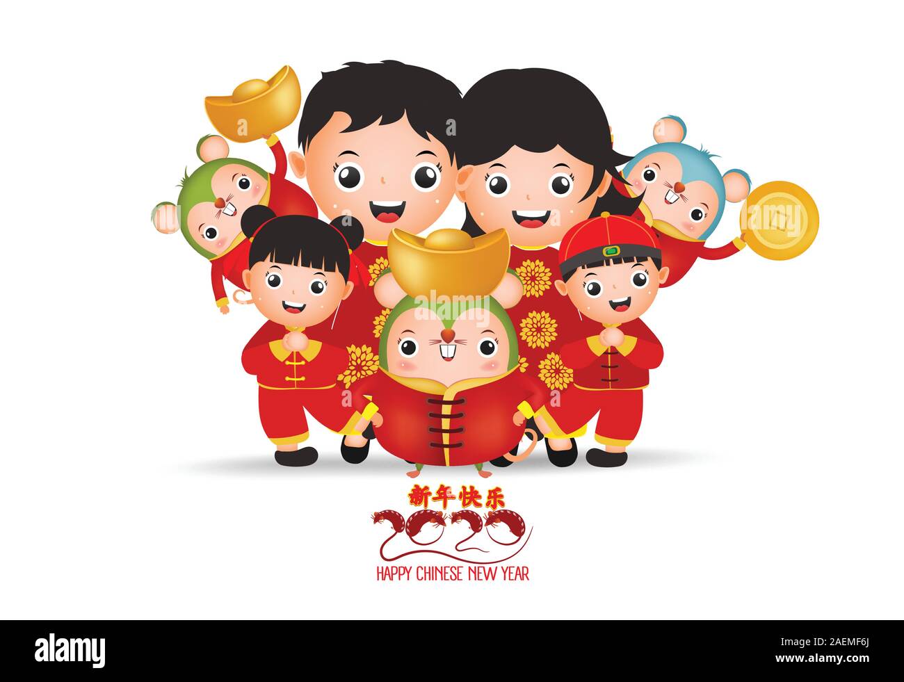 Nouvel an chinois 2020 - Année du Rat. Jeu de cute cartoon rat et de la famille dans différents posent isolé sur fond blanc. Bonne année de traduction Illustration de Vecteur