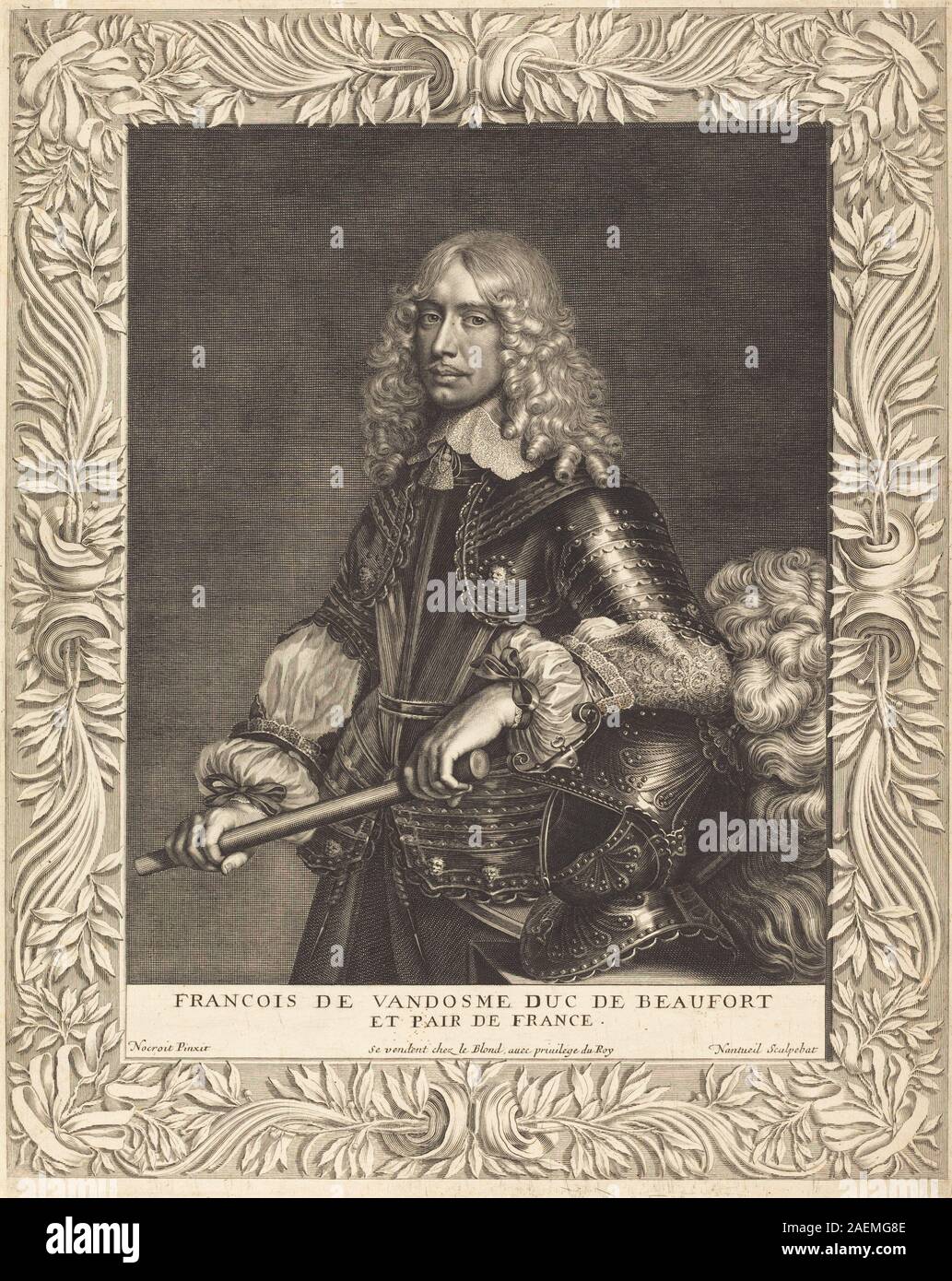 Cette gravure de 1649 de Robert Nanteuil d'après Jean Nocret représente François, duc de Beaufort, montrant les traits du visage, la coiffure, la tenue vestimentaire, et une pose composée dans une composition de portrait classique. Banque D'Images