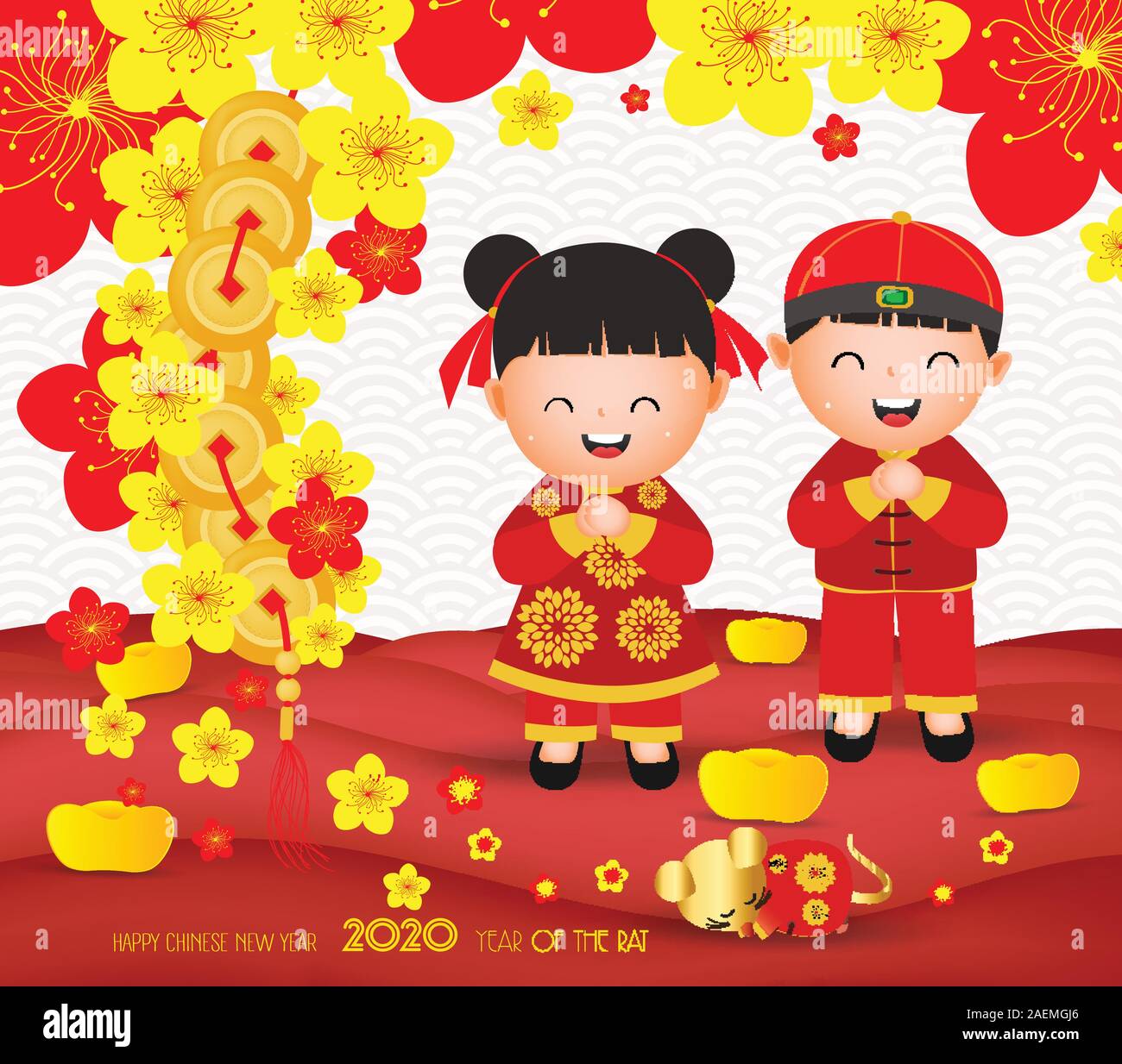 Joyeux Nouvel An chinois avec cute boy, girl et le rat. Bonne année de traduction Illustration de Vecteur