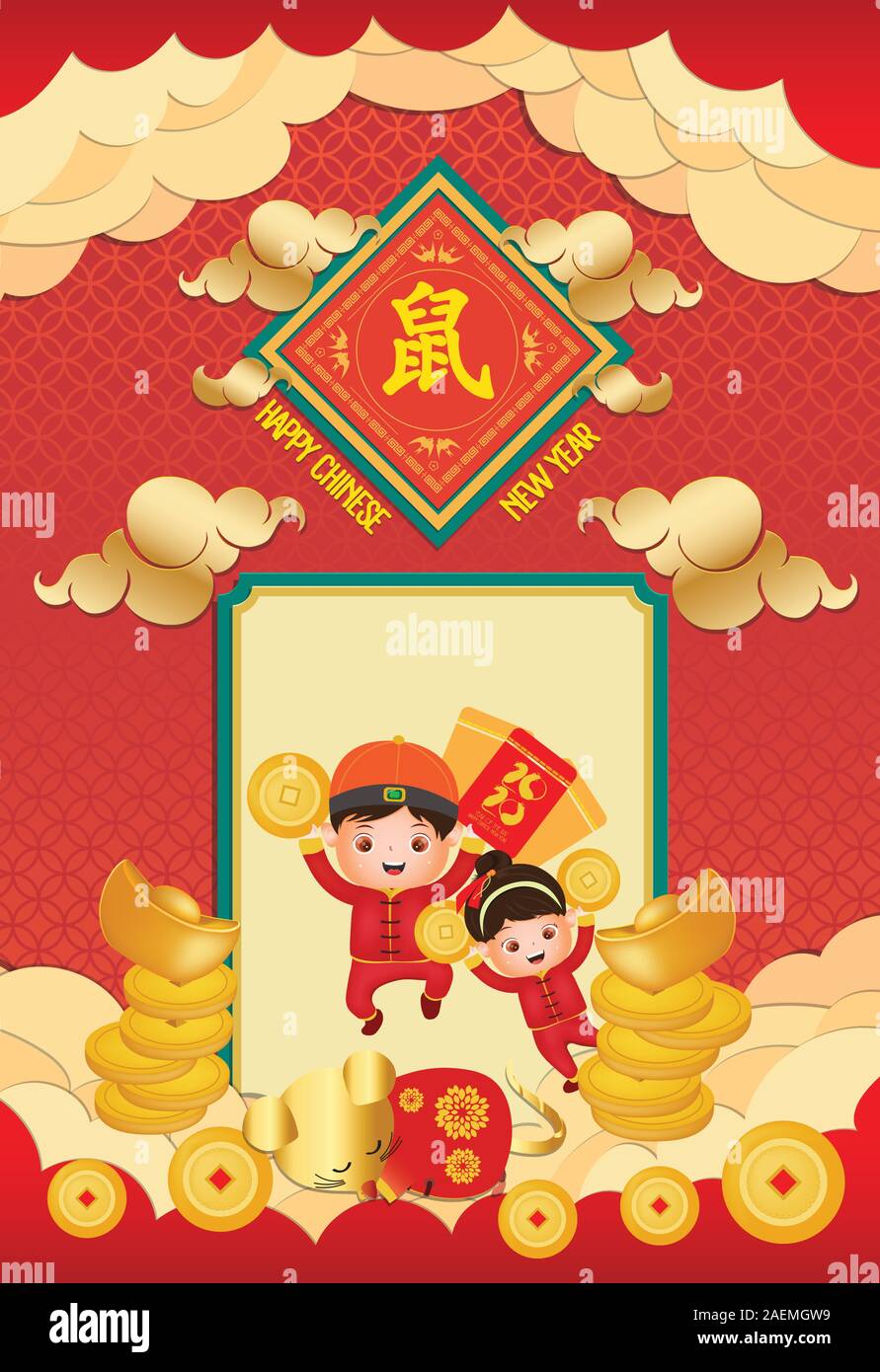 Nouvel an chinois 2020 - Année du Rat. Chinese boy and girl happy smile creative de l'affiche. Souris traduction Illustration de Vecteur