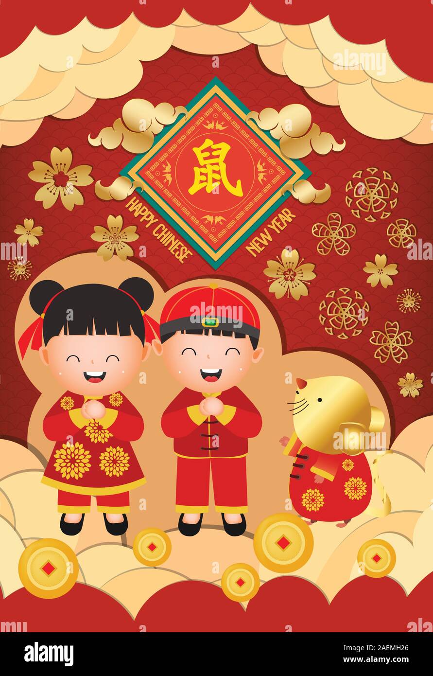 Nouvel an chinois 2020 - Année du Rat. Garçon et fille heureux sourire poster créatif. Souris traduction Illustration de Vecteur