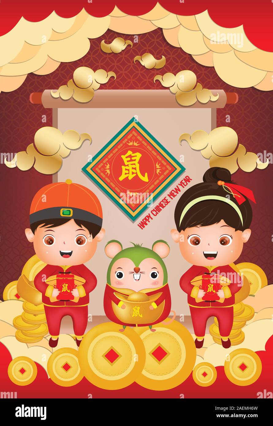 Nouvel an chinois 2020 - Année du Rat. Chinese boy and girl happy smile creative de l'affiche. Souris traduction Illustration de Vecteur