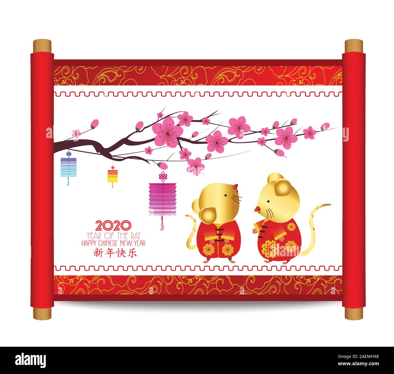 Rouleau horizontal traditionnel chinois de la peinture. L'année 2020 du rat. Le Nouvel An chinois. Bonne année de traduction Illustration de Vecteur