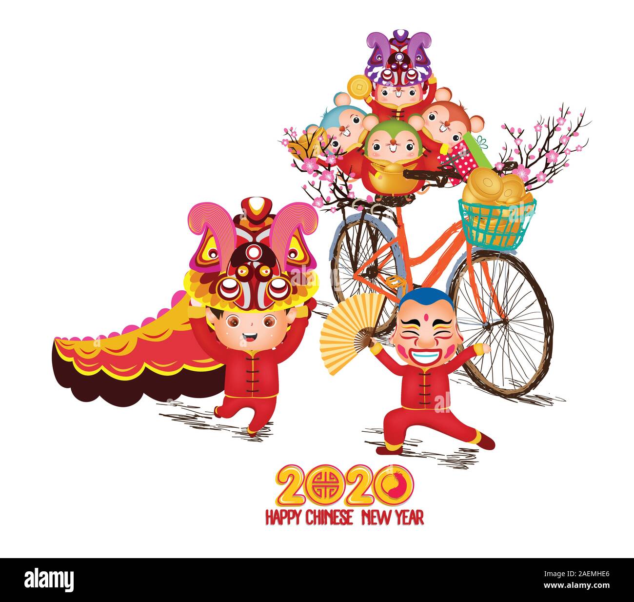 Joyeux Nouvel An chinois - 2020 texte et zodiaque rat et location Illustration de Vecteur