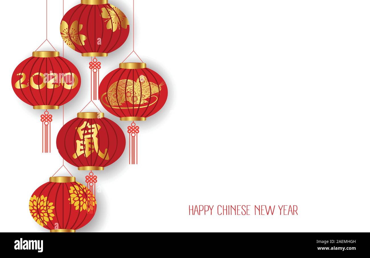 Joyeux Nouvel An chinois 2020 Contexte avec des lanternes isolé sur fond blanc. Souris traduction Illustration de Vecteur