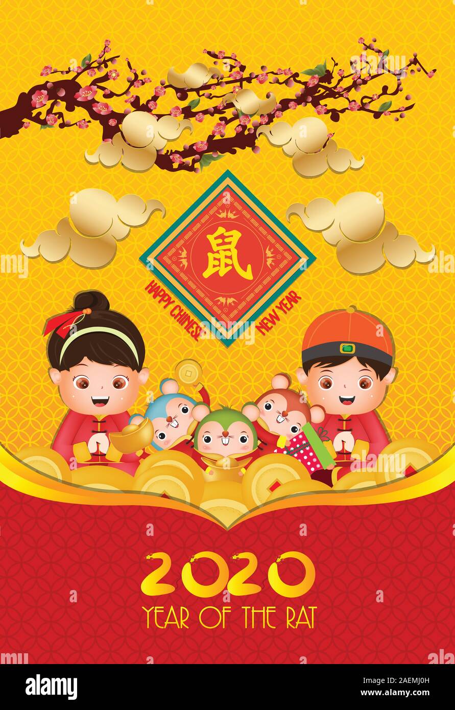 Nouvel an chinois 2020 - Année du Rat. Chinese boy and girl happy smile creative de l'affiche. Souris traduction Illustration de Vecteur