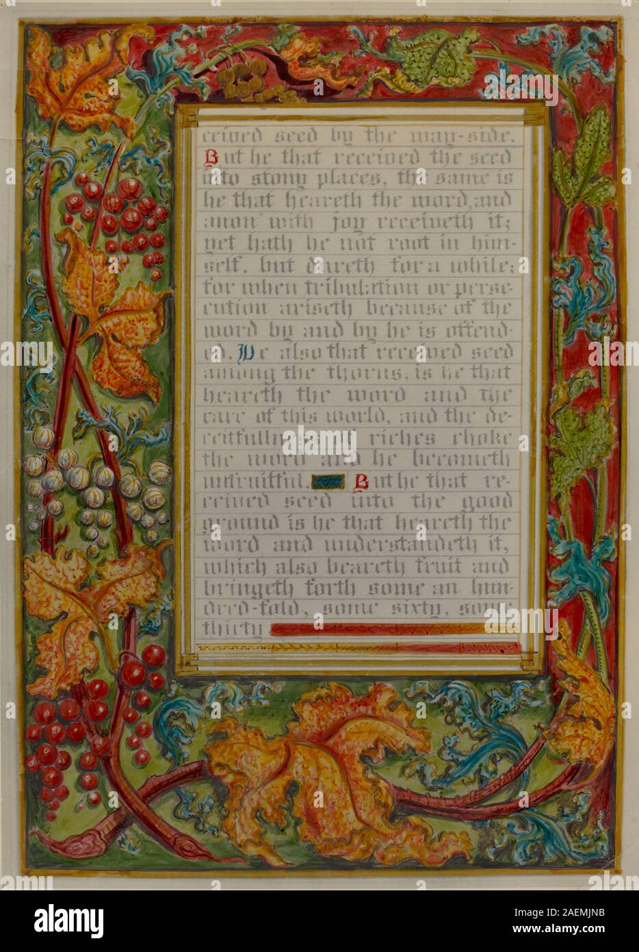 Cette parabole illuminée vers 1936 par Robert Stewart et James Gross représente le semeur, montrant une figure semant des graines dans un champ avec la lumière du soleil, des plantes et une composition détaillée dans un style religieux illustratif. Banque D'Images