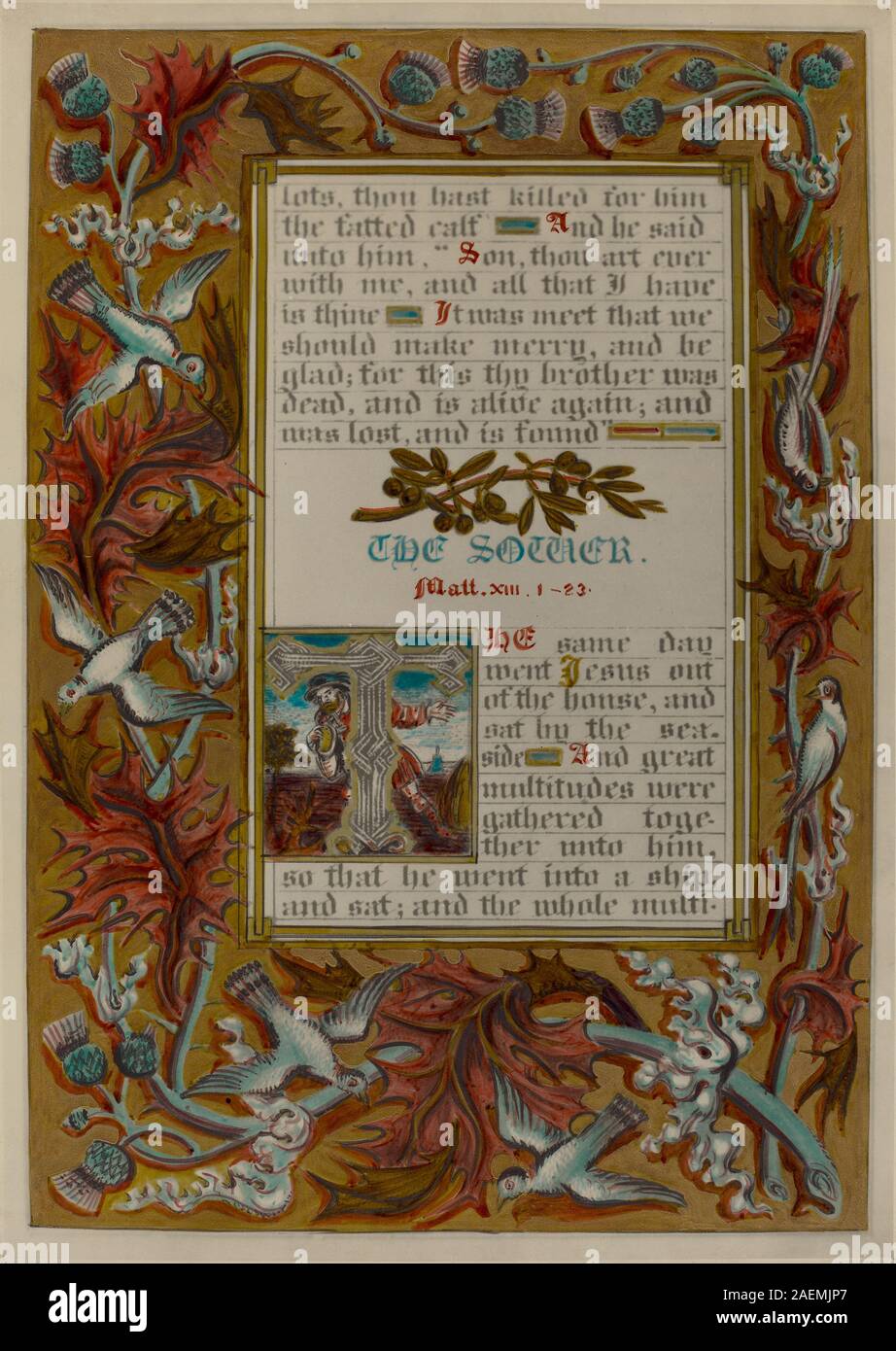 Œuvre d'art illuminée de Robert Stewart et James Gross, vers 1936, représentant la parabole du semeur avec figure semant des graines, champ, lumière du soleil, sol, plantes, et composition symbolique. Banque D'Images