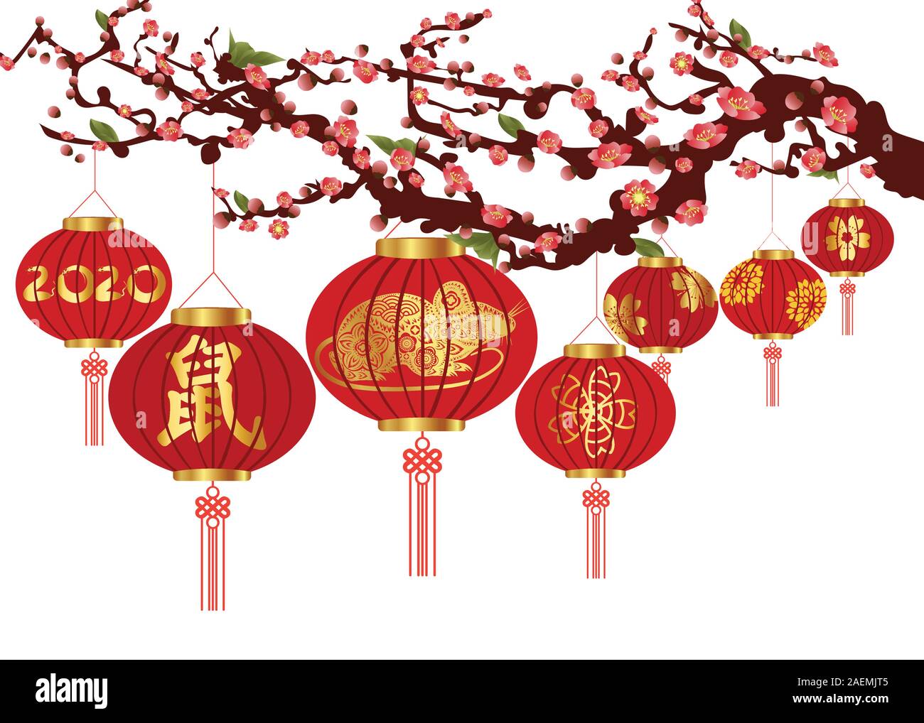 La décoration du nouvel an chinois--lanterne traditionnelle et de prunier sur un arrière-plan de fête. Souris traduction Illustration de Vecteur