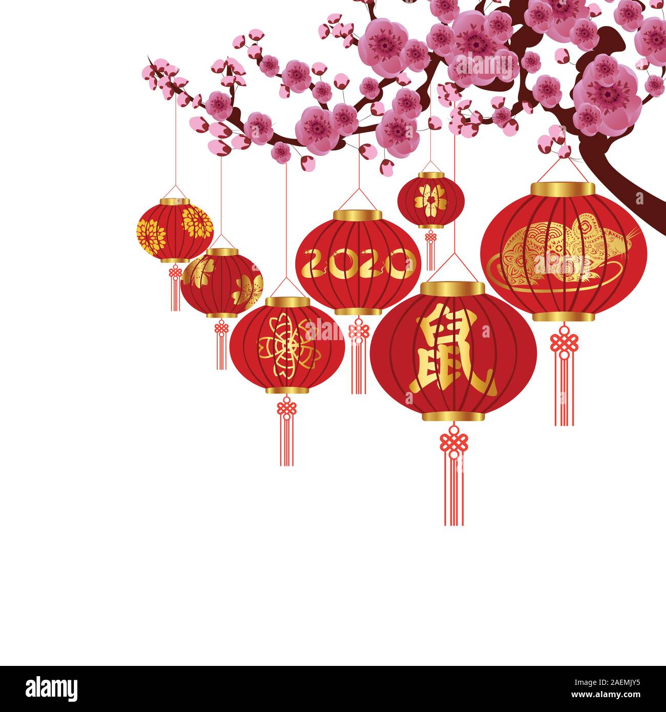 La décoration du nouvel an chinois--lanterne traditionnelle et de prunier sur un arrière-plan de fête. Souris traduction Illustration de Vecteur