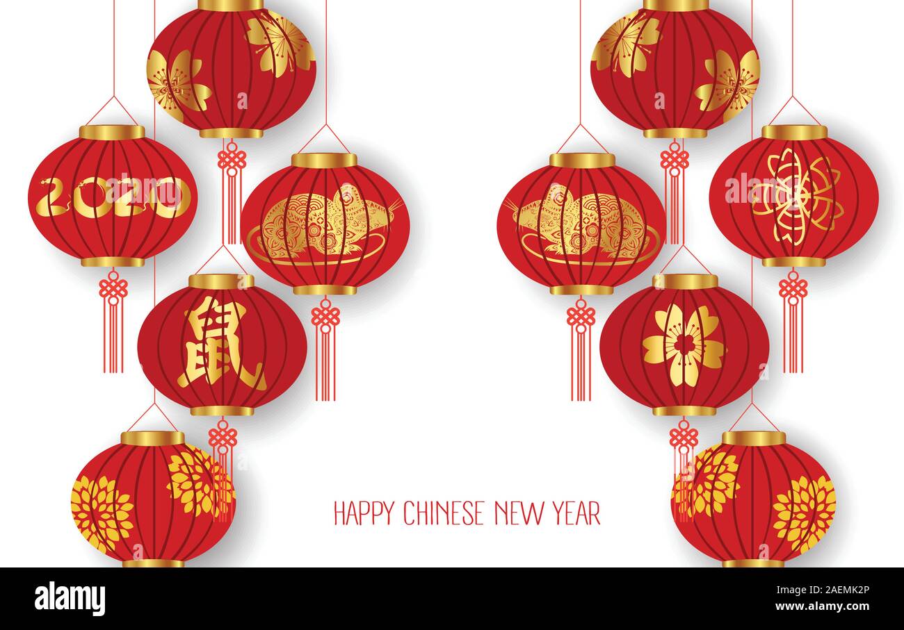 Joyeux Nouvel An chinois 2020 Contexte avec des lanternes isolé sur fond blanc. Souris traduction Illustration de Vecteur