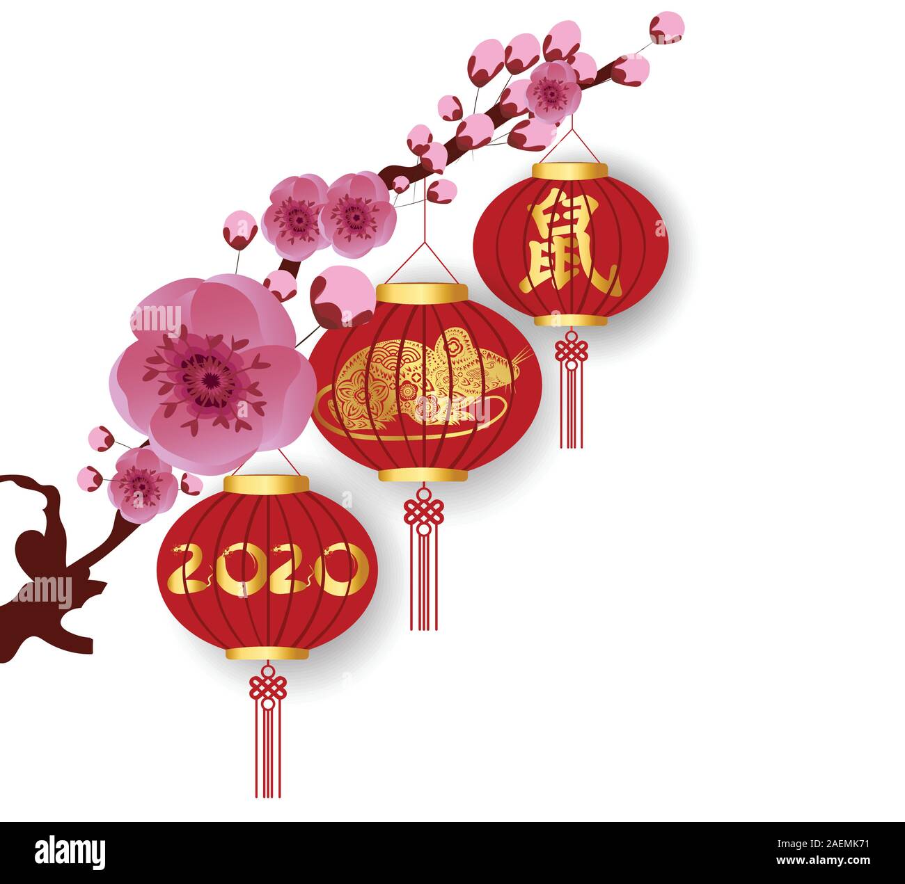 Joyeux Nouvel An chinois 2020 Contexte avec des lanternes et fleur de cerisier. Souris traduction Illustration de Vecteur