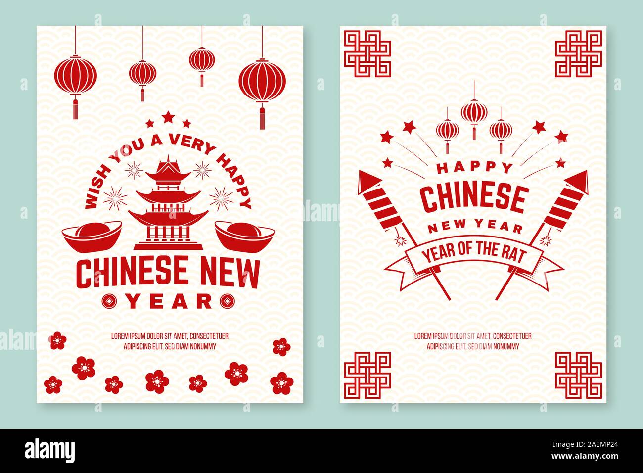 Jeu de Happy Chinese New Year 2020 affiche, flyer, cartes de vœux. Nouvelle Année félicitations carte postale classique. Signe Chinois rat année de carte de vœux. Bannière pour gabarit. Vecteur. Illustration de Vecteur