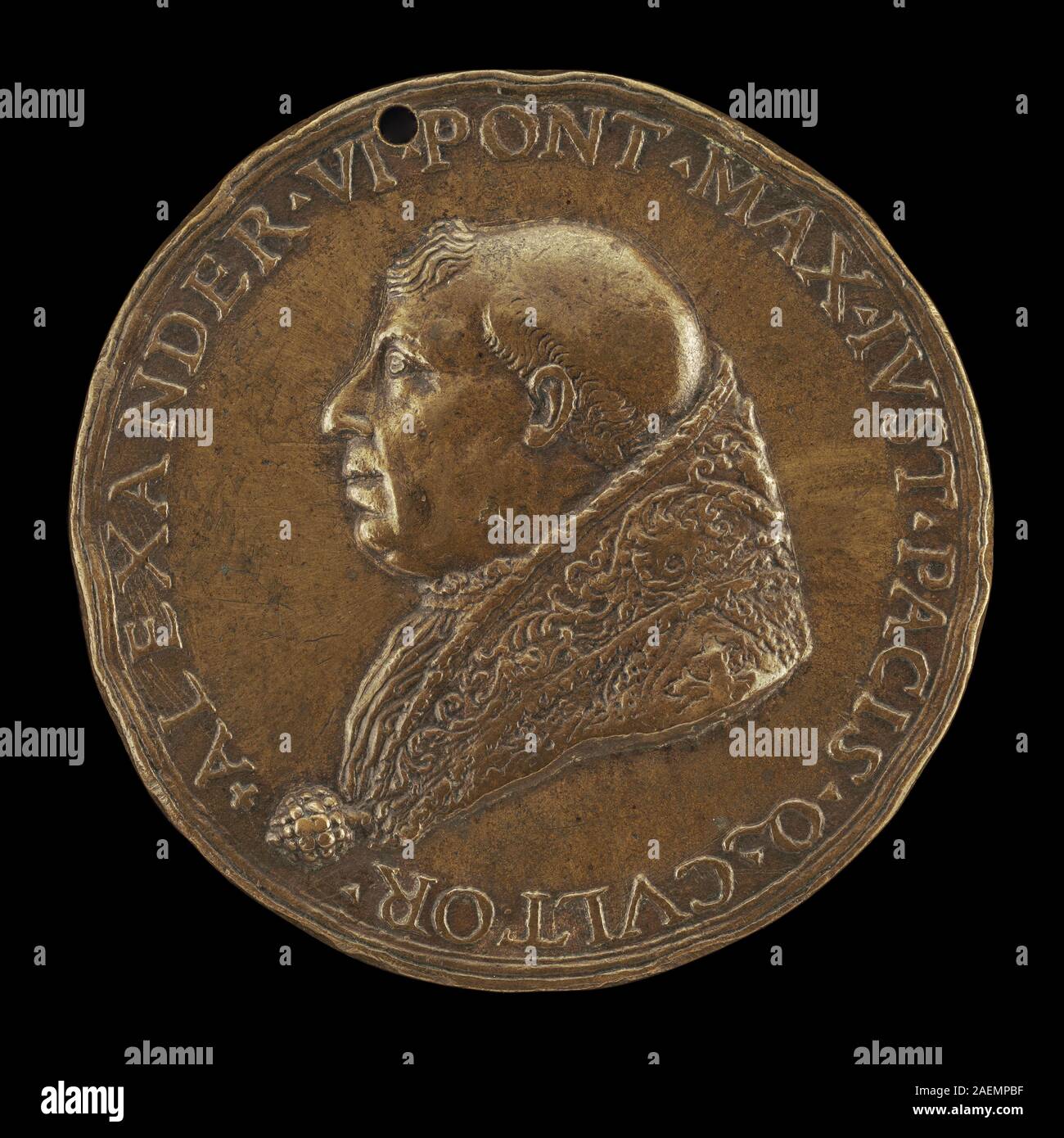 Cette image avers du pape Alexandre VI (Rodrigo Borgia, c. 1431-1503) du 15e au 16e siècle représente le pontife portant une tiare papale avec des traits faciaux détaillés, une tenue habillée et des inscriptions indiquant sa papauté de 1492 à 1503. Banque D'Images