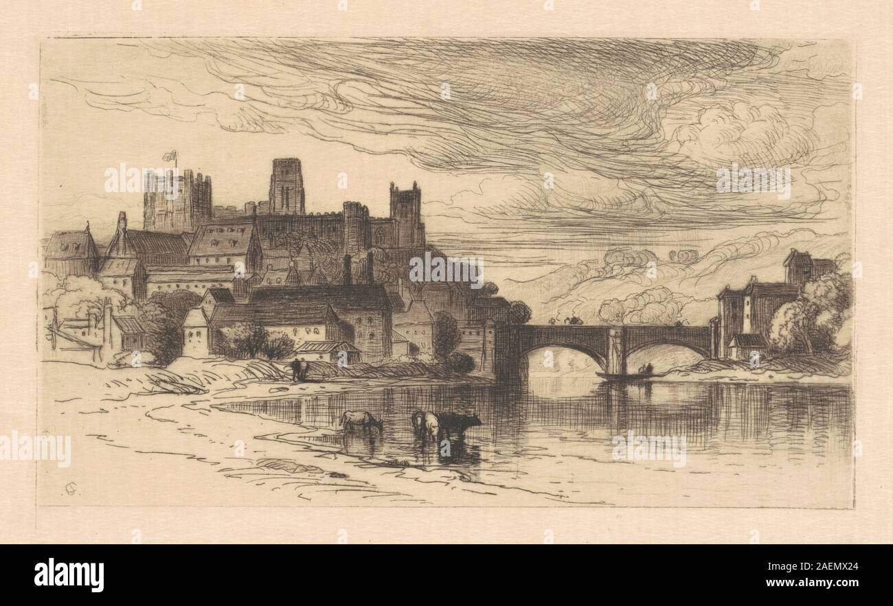 Le tableau de Samuel Colman de 1880 représente la ville de Durham en Angleterre, montrant la cathédrale, les rivières, les ponts et les bâtiments environnants dans un paysage urbain détaillé de la fin du XIXe siècle. Banque D'Images