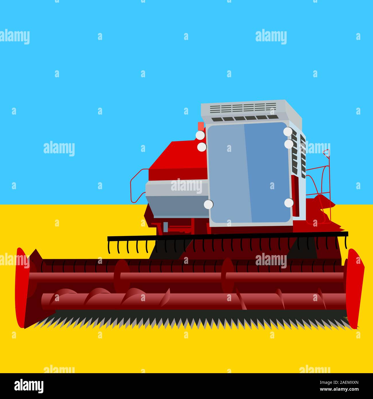 Moissonneuse-batteuse, sur un champ de blé avec un ciel bleu Illustration de Vecteur