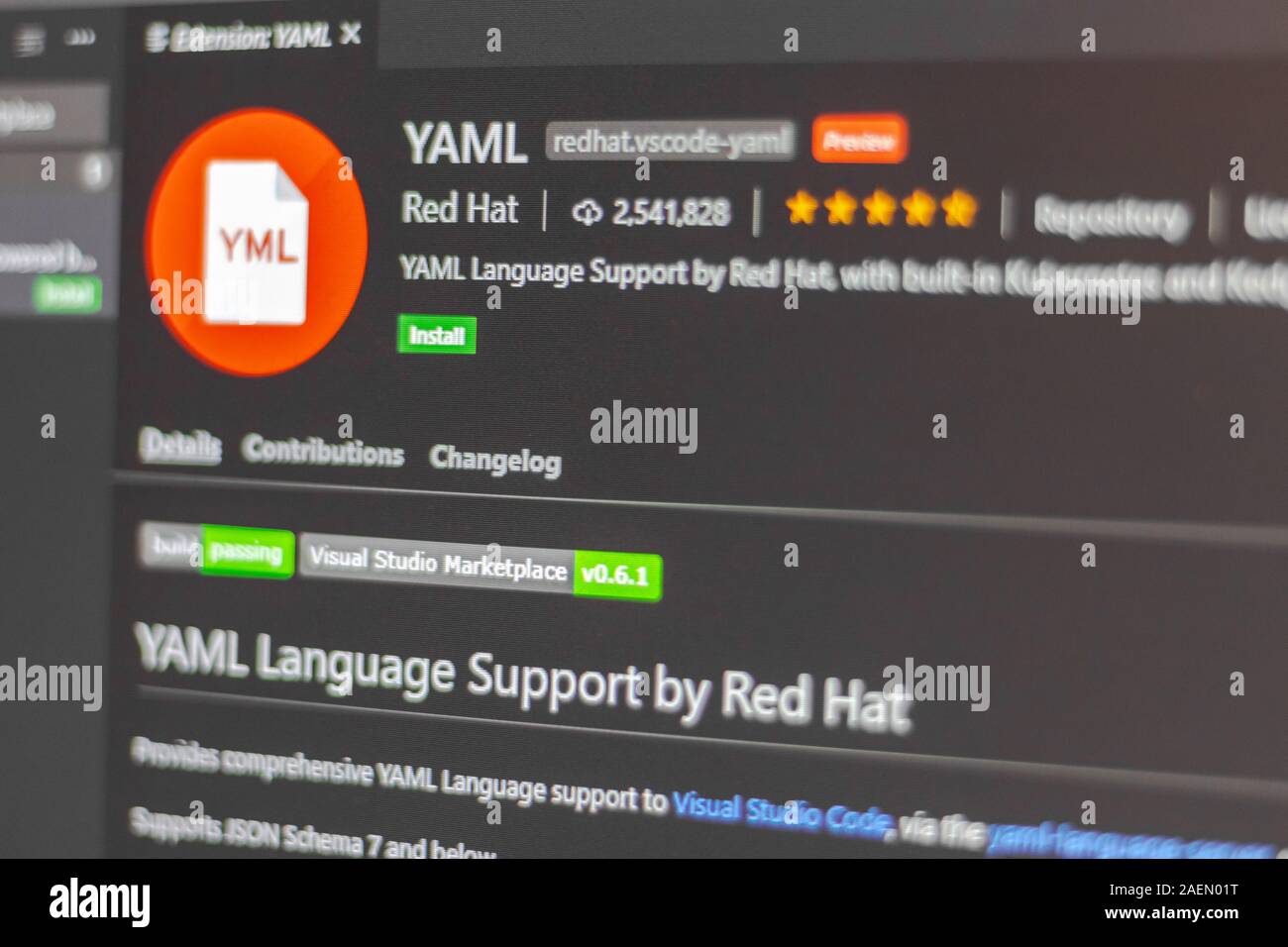 Extension YAML pour visual studio Banque D'Images