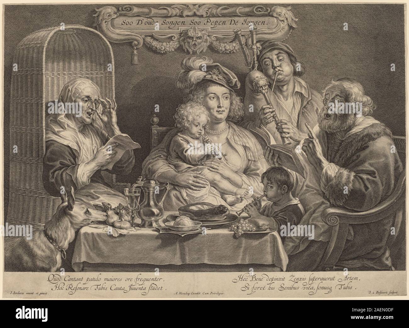 Une gravure de Schelte Adams Bolswert d'après Jacob Jordaens représentant une scène musicale domestique, montrant une famille jouant des instruments et chantant ensemble, reflétant le genre flamand du XVIIe siècle Banque D'Images