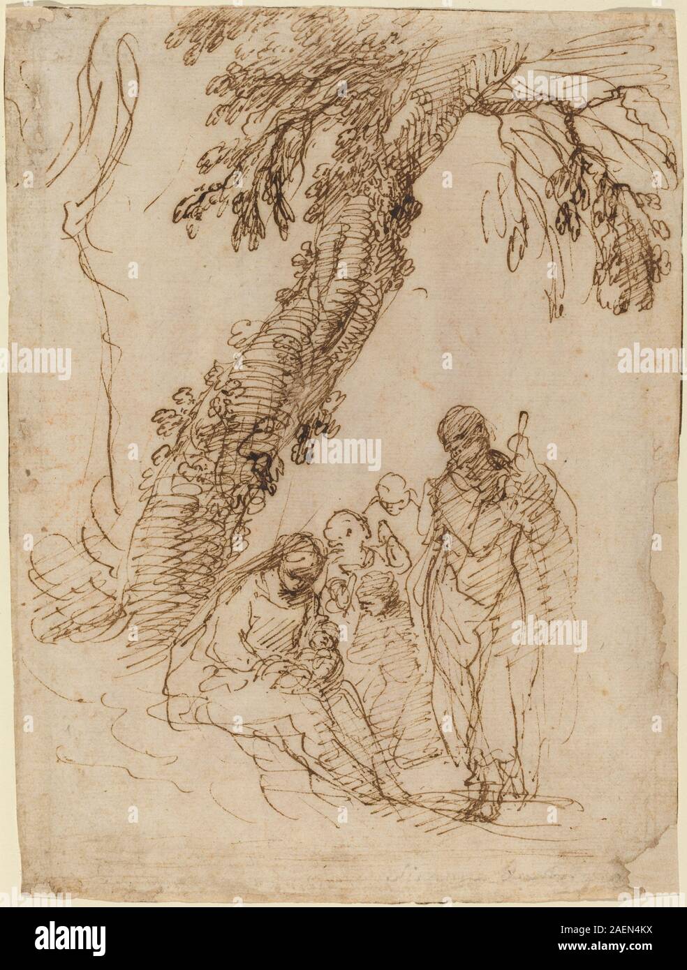 Cette peinture de Simone Cantarini représente la Sainte famille sous un arbre. Il montre Marie, Joseph, Christ enfant, arbre, paysage, posture, gestes, expression et style de peinture baroque italien du XVIIe siècle. Banque D'Images