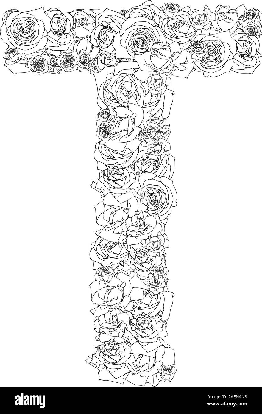 Alphabet de fleurs de roses rouges, caractères T Illustration de Vecteur