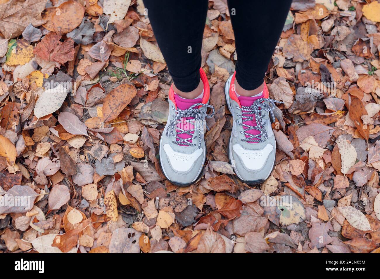 Close-up de pieds d'un coureur s'exécutant dans les feuilles d'automne dans le parc Banque D'Images