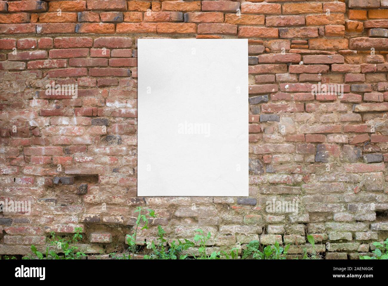 Poster collé au mur en briques anciennes. Vide, papier blanc propre, la conception de maquettes de présentation Banque D'Images